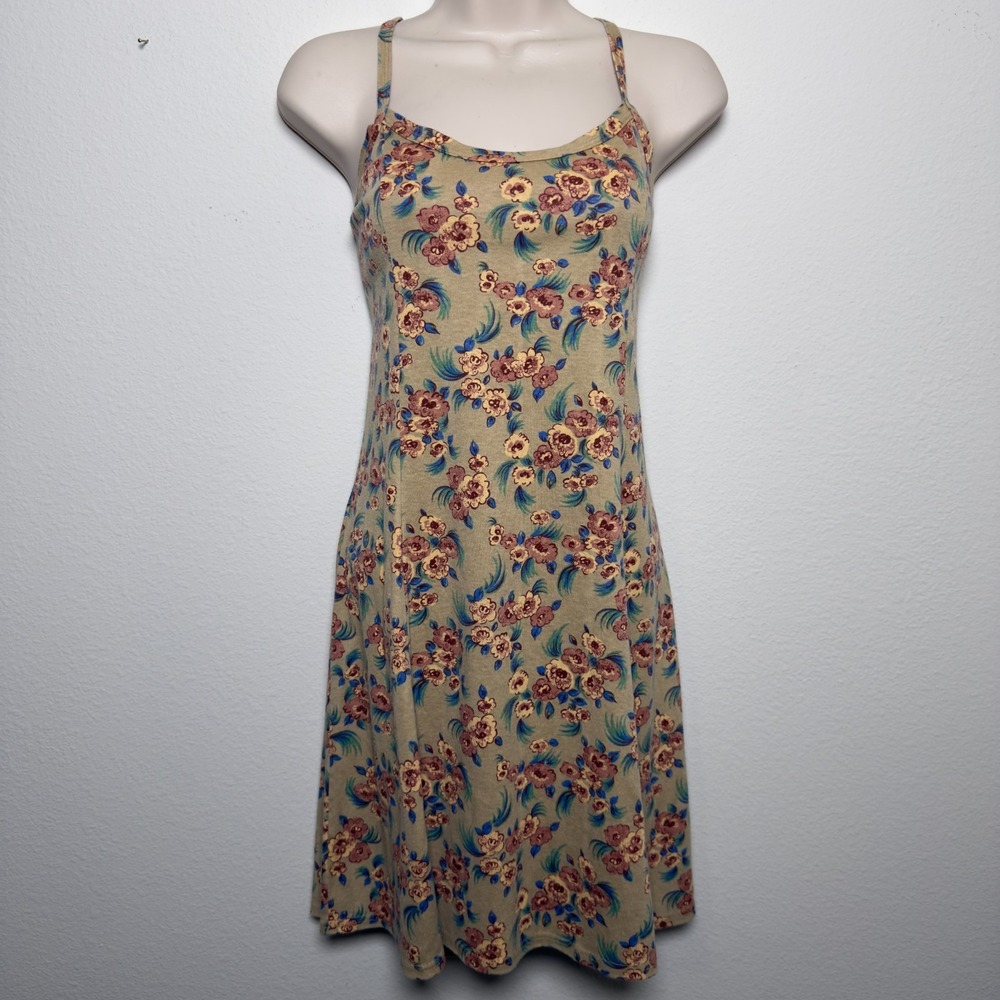 VTG 90s y2k No Boundaries Women Indie Grunge Mini Skater Dress Large‎ Tan Floral